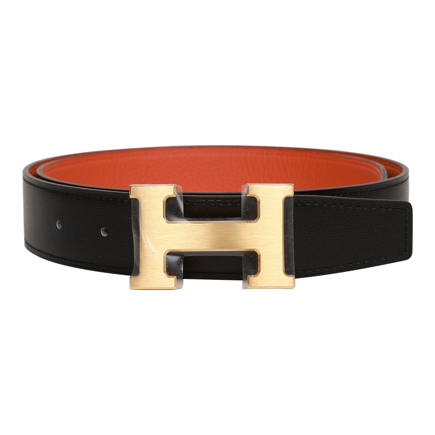 Hermes 32mm Reversible Black/Orange Constance H Belt 80cm Brushed Gold Buckle