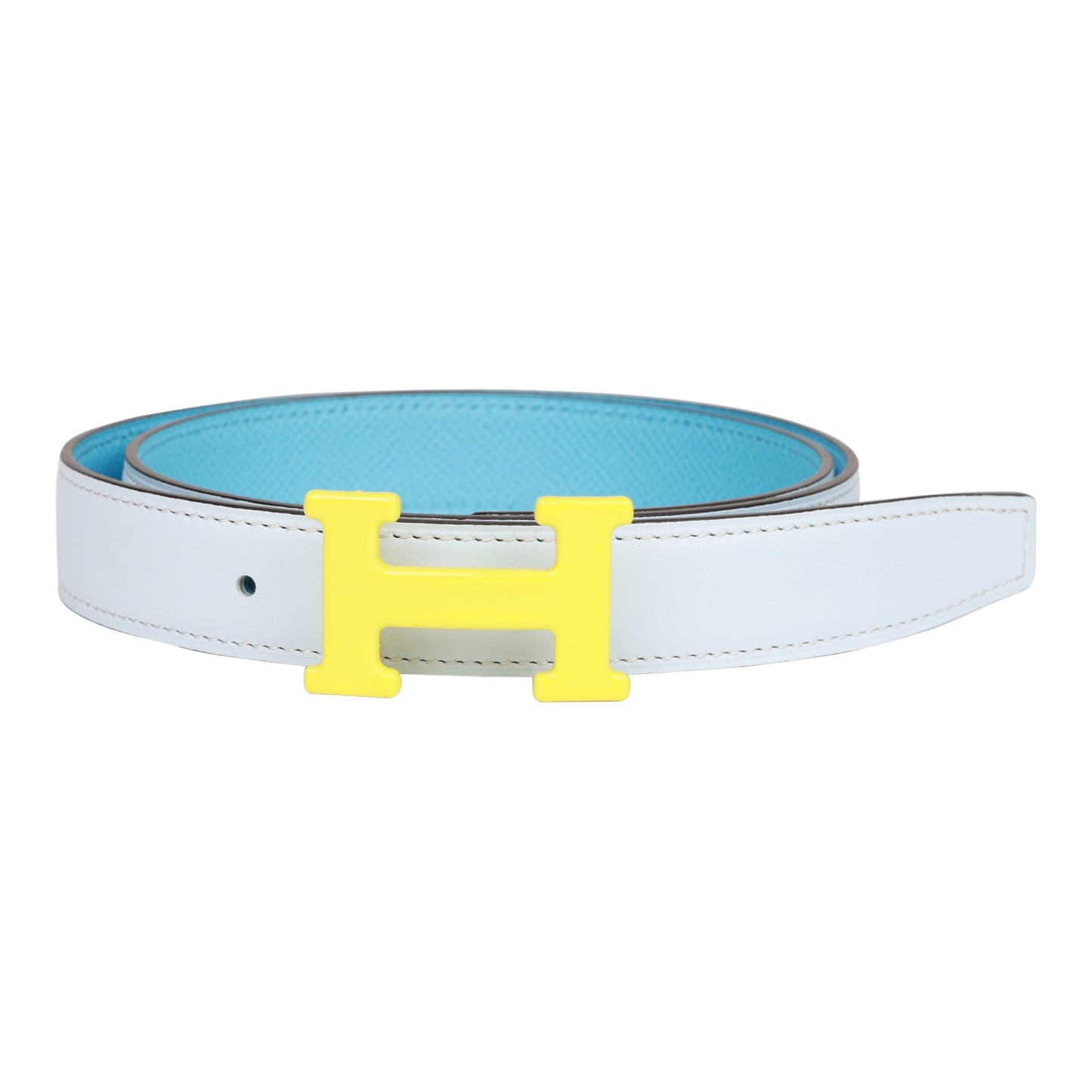 Hermes 28mm Reversible Bleu Brume/Celeste Constance H Belt 75cm Lime Enamel Buckle