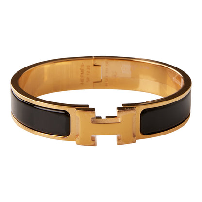 Hermes Black Clic Clac H Narrow Enamel Bracelet PM GHW