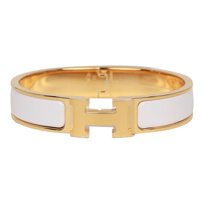 Hermes White Clic Clac H Narrow Enamel Bracelet PM GHW