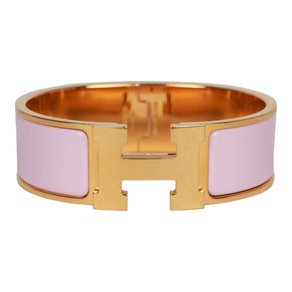 Pre-owned Hermes "Rose Dragee" Wide Enamel Bracelet GM Gold Hardware