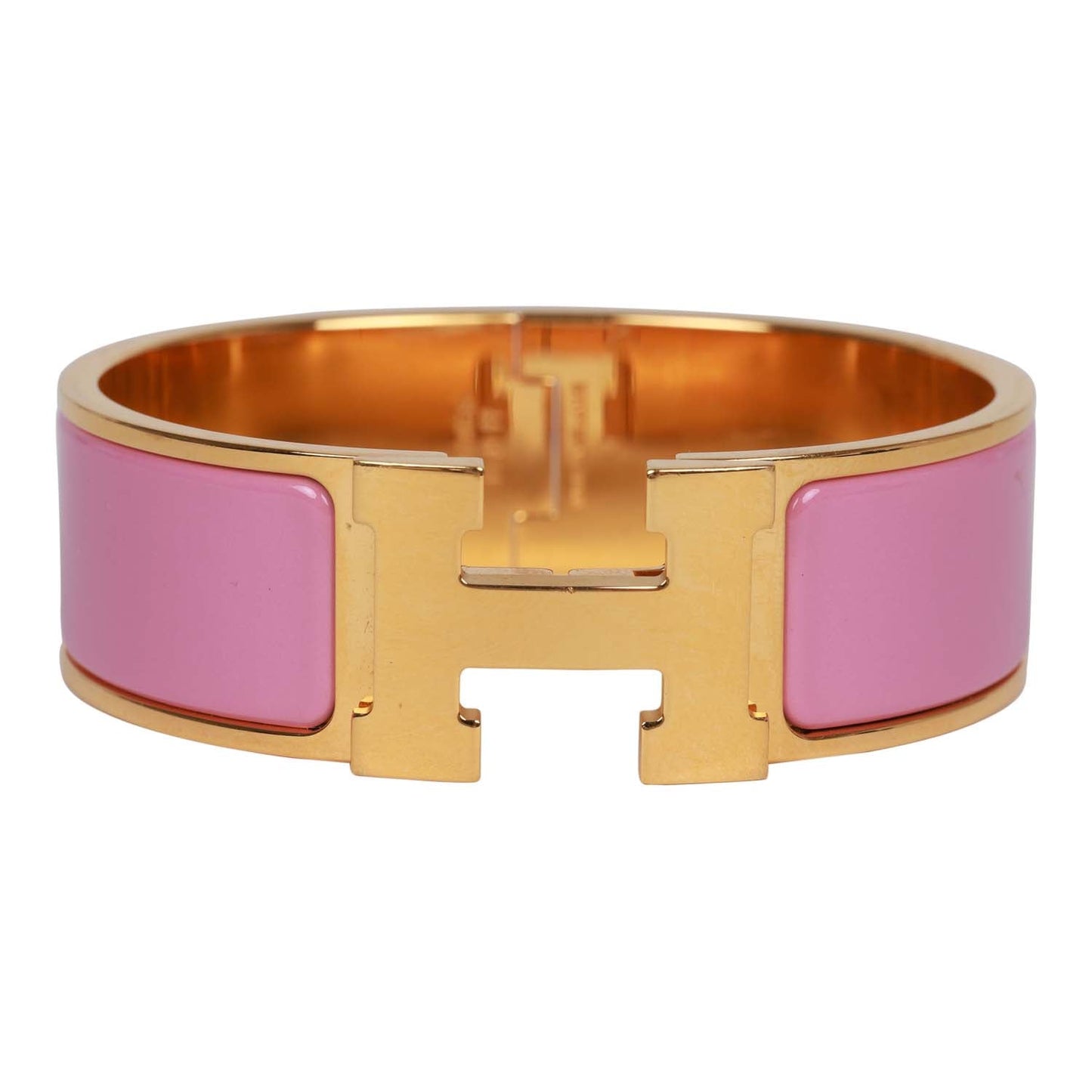 Hermes "Rose Nacarat" Wide Enamel Bracelet GM Gold Hardware