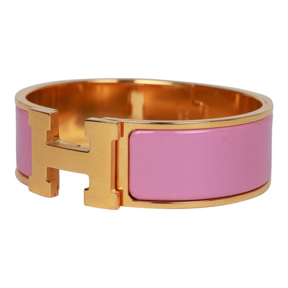 Hermes "Rose Nacarat" Wide Enamel Bracelet GM Gold Hardware