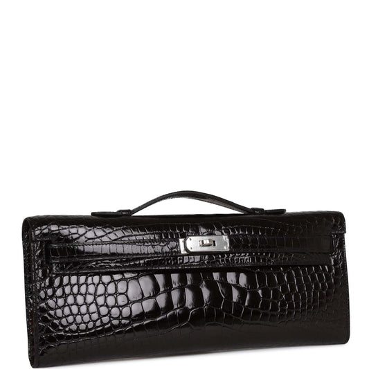 Hermes Kelly Cut Black Shiny Alligator Palladium Hardware