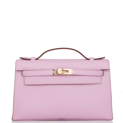 Hermes Kelly Pochette Mauve Sylvestre Swift Rose Gold Hardware