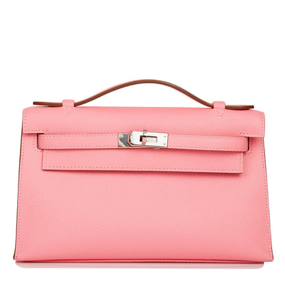 Hermes Kelly Pochette Rose Confetti Epsom Palladium Hardware