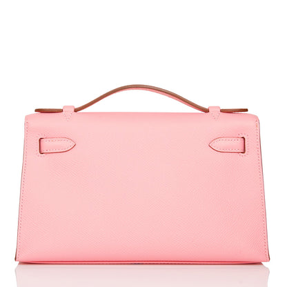 Hermes Kelly Pochette Rose Confetti Epsom Palladium Hardware