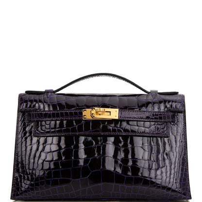 Hermes Kelly Pochette Amethyst Shiny Alligator Gold Hardware