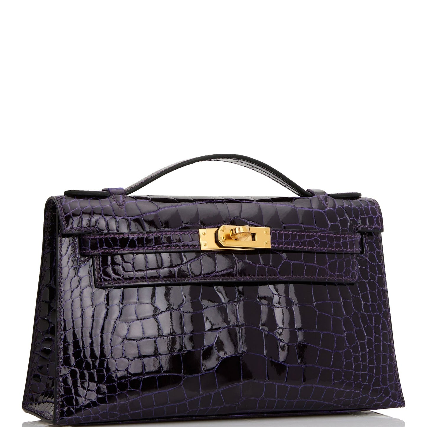 Hermes Kelly Pochette Amethyst Shiny Alligator Gold Hardware