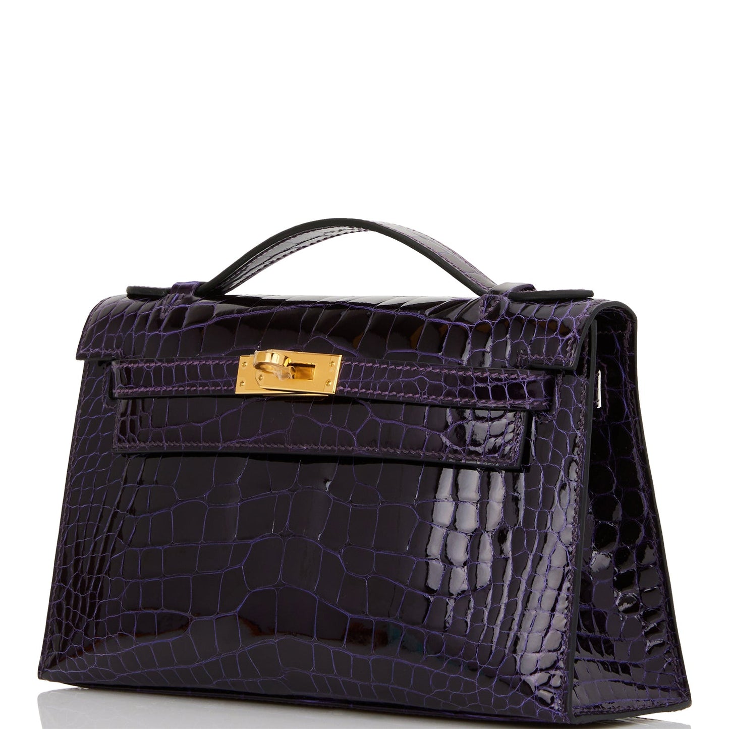 Hermes Kelly Pochette Amethyst Shiny Alligator Gold Hardware