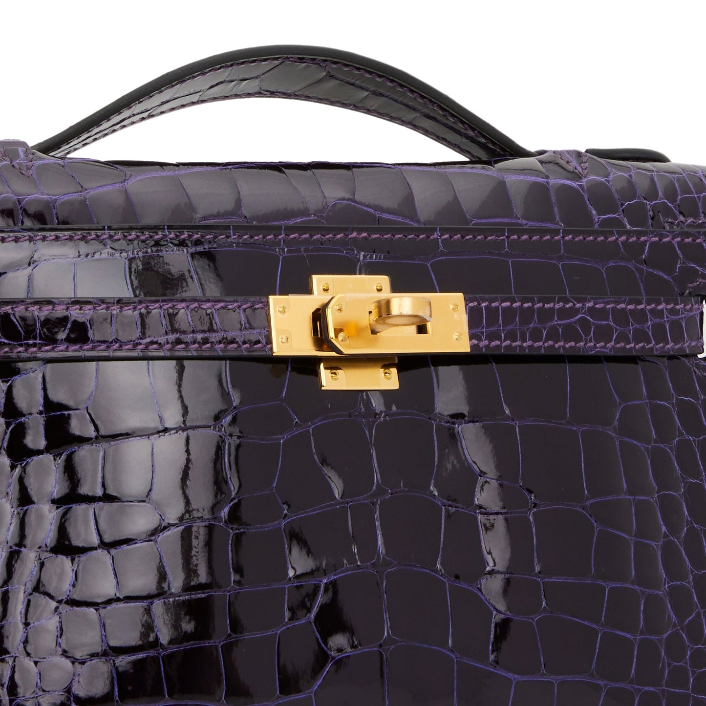 Hermes Kelly Pochette Amethyst Shiny Alligator Gold Hardware