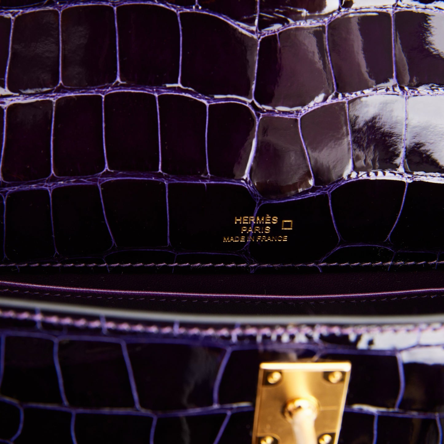 Hermes Kelly Pochette Amethyst Shiny Alligator Gold Hardware