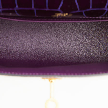 Hermes Kelly Pochette Amethyst Shiny Alligator Gold Hardware