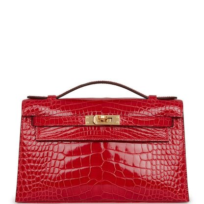 Hermes Kelly Pochette Rouge de Coeur Shiny Alligator Gold Hardware