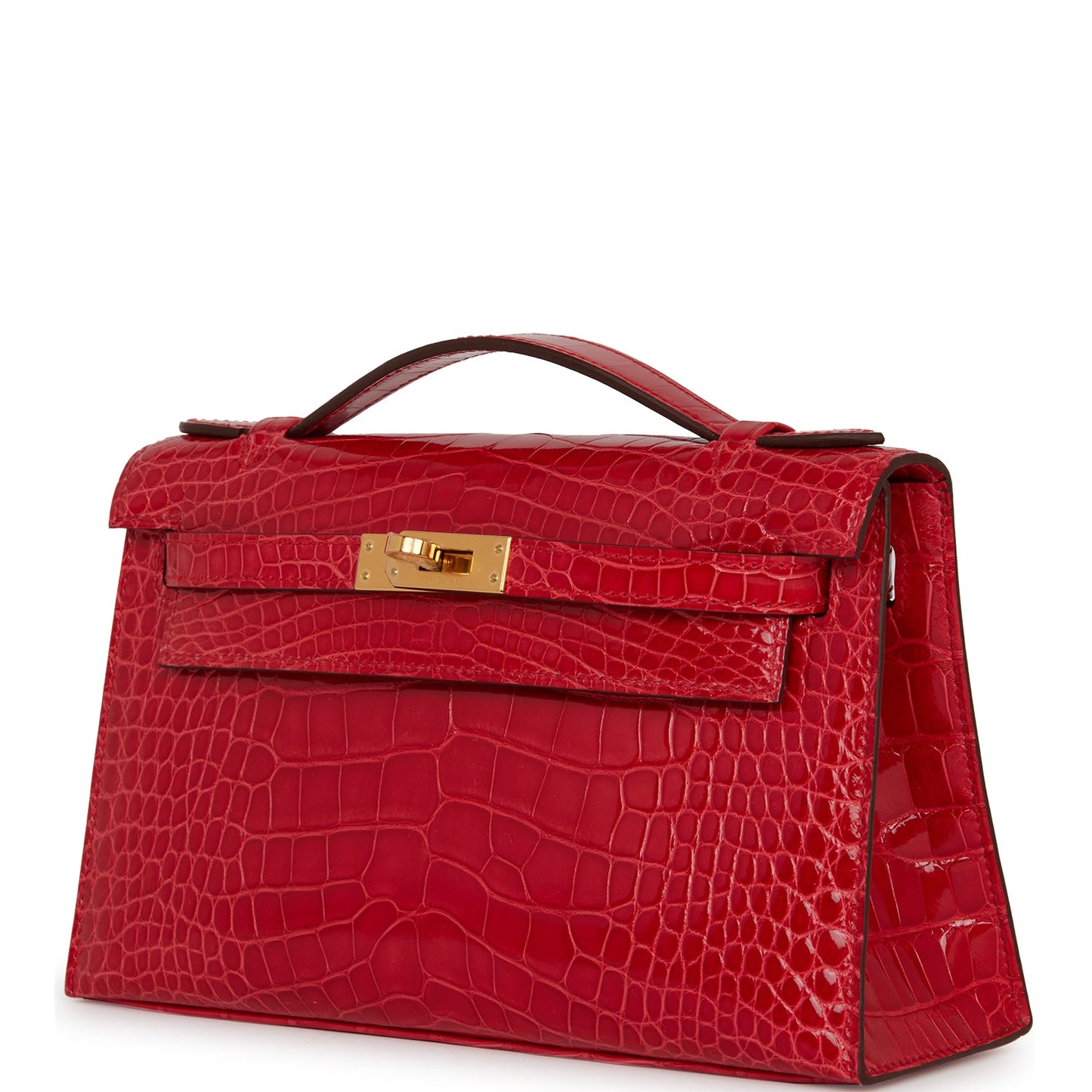 Hermes Kelly Pochette Rouge de Coeur Shiny Alligator Gold Hardware