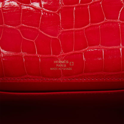 Hermes Kelly Pochette Rouge de Coeur Shiny Alligator Gold Hardware