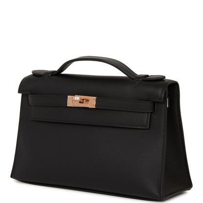 Hermes Kelly Pochette Black Swift Rose Gold Hardware