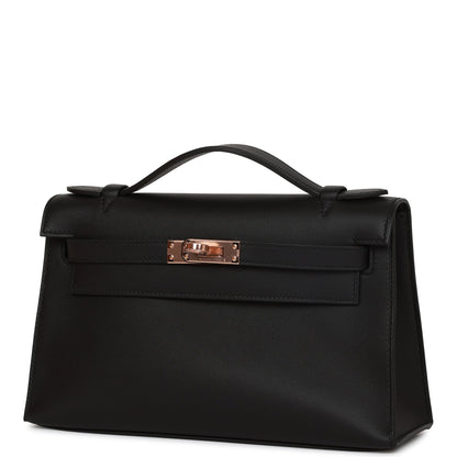 Hermes Kelly Pochette Black Swift Rose Gold Hardware