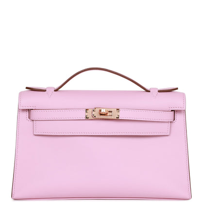 Hermes Kelly Pochette Mauve Sylvestre Swift Rose Gold Hardware