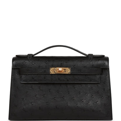 Hermes Kelly Pochette Black Ostrich Gold Hardware