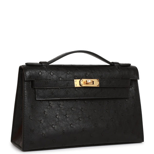 Hermes Kelly Pochette Black Ostrich Gold Hardware