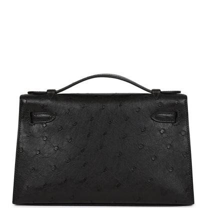 Hermes Kelly Pochette Black Ostrich Gold Hardware