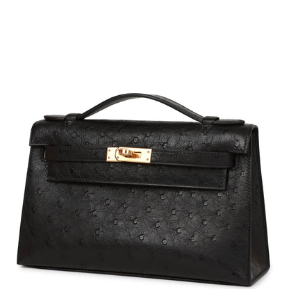 Hermes Kelly Pochette Black Ostrich Gold Hardware