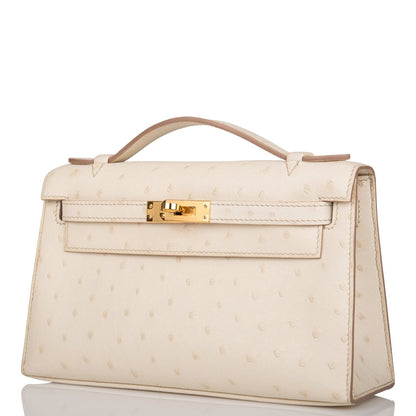 Hermes Kelly Pochette Beton Ostrich Gold Hardware