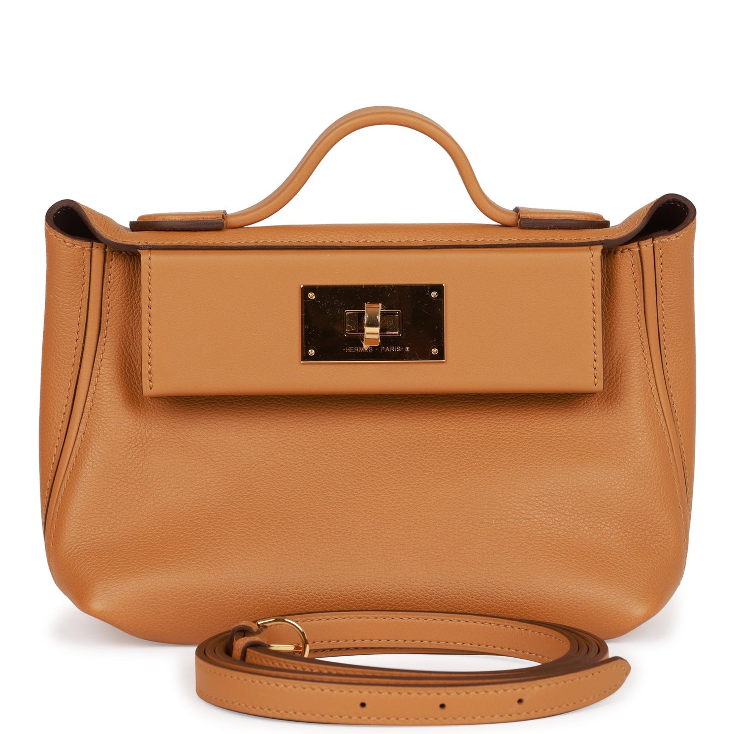 Hermes Mini 24/24 Bag Caramel Evercolor and Sesame Swift Verso Gold Hardware