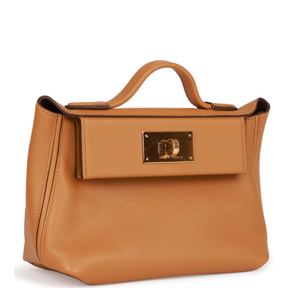 Hermes Mini 24/24 Bag Caramel Evercolor and Sesame Swift Verso Gold Hardware