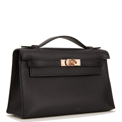 Hermes Kelly Pochette Black Swift Rose Gold Hardware