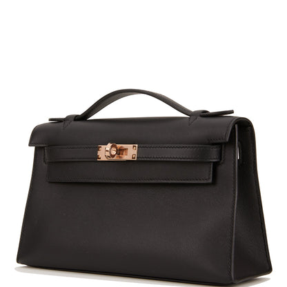 Hermes Kelly Pochette Black Swift Rose Gold Hardware