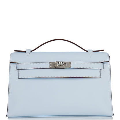 Hermes Kelly Pochette Bleu Brume Swift Palladium Hardware