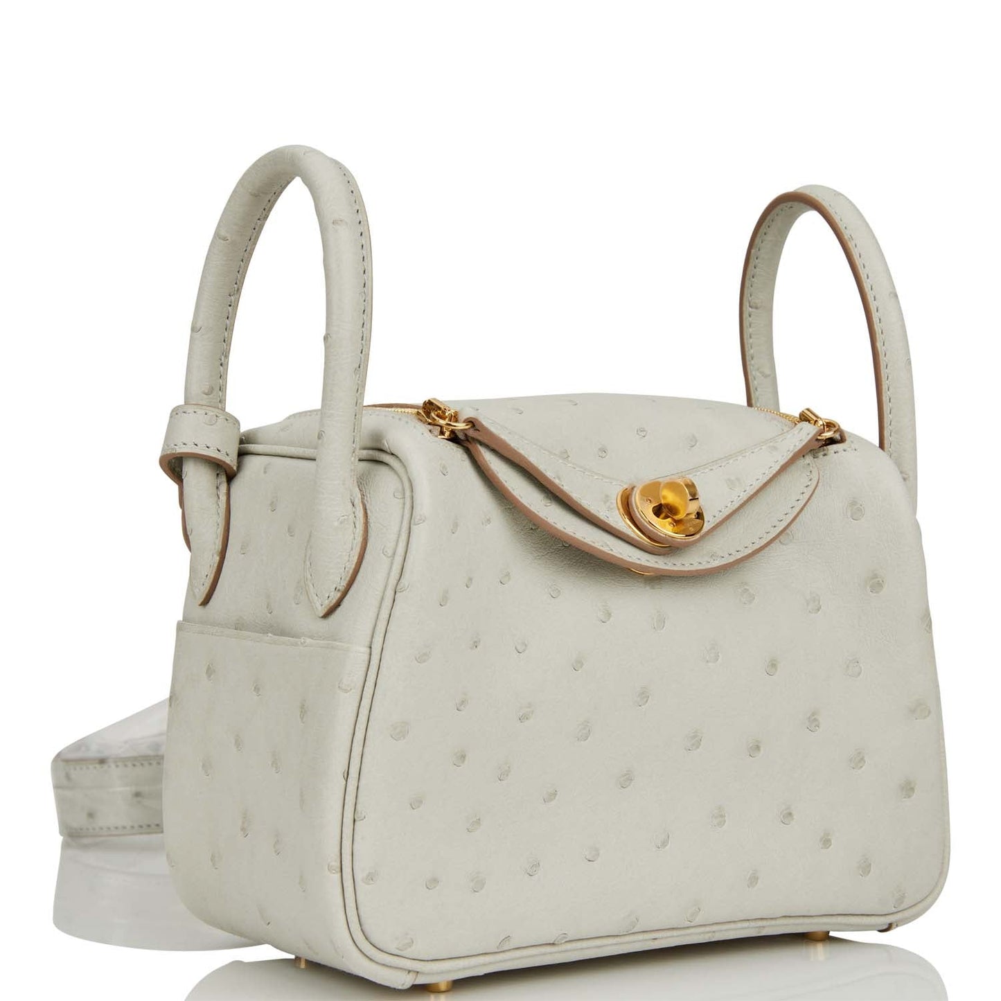 Hermes Mini Lindy Gris Perle Ostrich Gold Hardware