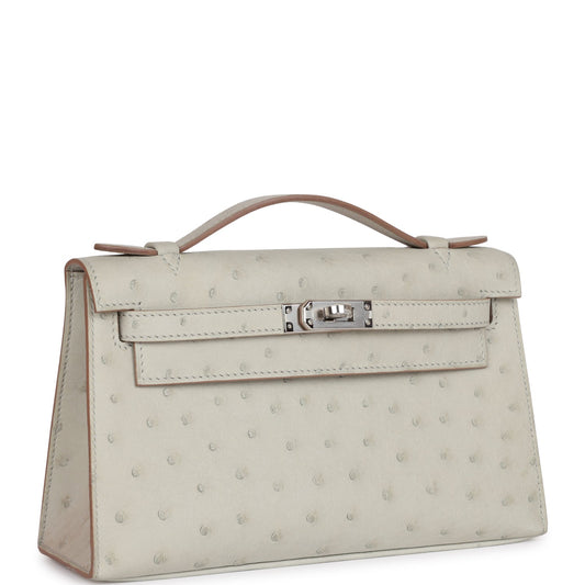 Hermes Kelly Pochette Gris Perle Ostrich Palladium Hardware