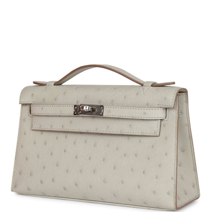 Hermes Kelly Pochette Gris Perle Ostrich Palladium Hardware