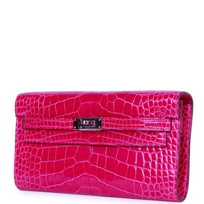 Hermes Kelly Wallet To Go Rose Scheherazade Shiny Alligator Palladium Hardware