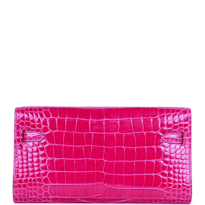 Pre-owned Hermes Kelly Wallet To Go Rose Scheherazade Shiny Alligator Palladium Hardware