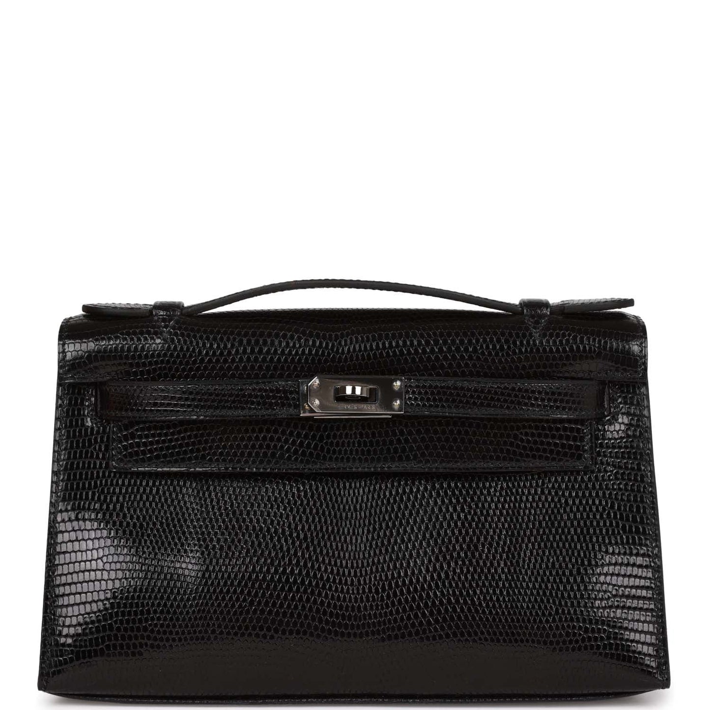 Hermes Kelly Pochette Black Lizard Ruthenium Hardware