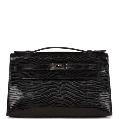 Hermes Kelly Pochette Black Lizard Ruthenium Hardware