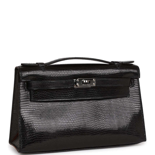 Hermes Kelly Pochette Black Lizard Ruthenium Hardware