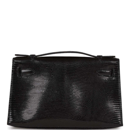 Hermes Kelly Pochette Black Lizard Ruthenium Hardware