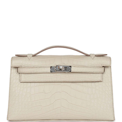 Hermes Kelly Pochette Beton Matte Alligator Palladium Hardware