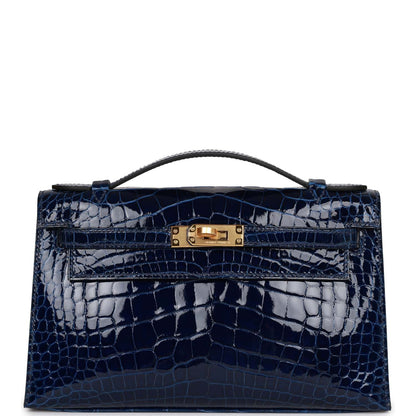 Hermes Kelly Pochette Bleu Saphir Shiny Alligator Gold Hardware