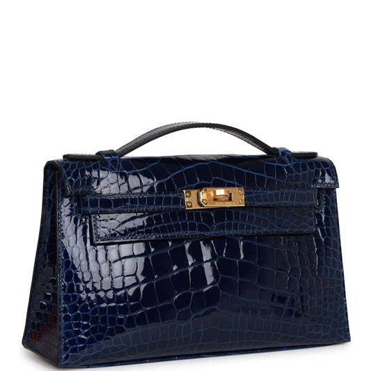 Hermes Kelly Pochette Bleu Saphir Shiny Alligator Gold Hardware