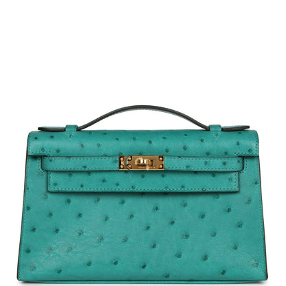 Hermes Kelly Pochette Vert Verone Ostrich Gold Hardware