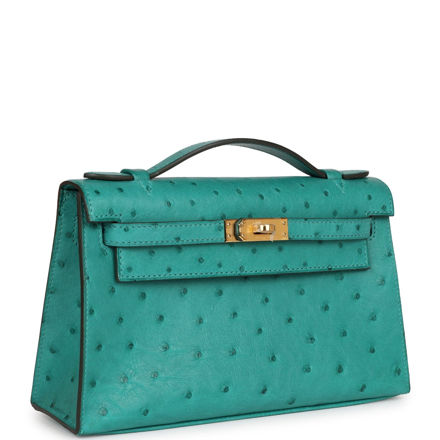 Hermes Kelly Pochette Vert Verone Ostrich Gold Hardware