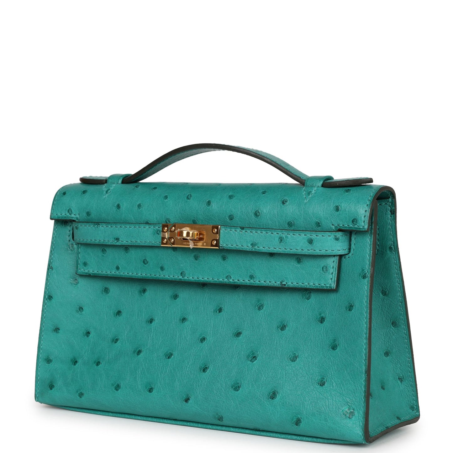 Hermes Kelly Pochette Vert Verone Ostrich Gold Hardware