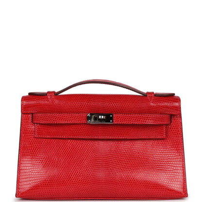 Hermes Kelly Pochette Rouge Vif Lizard Ruthenium Hardware