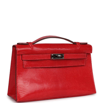 Hermes Kelly Pochette Rouge Vif Lizard Ruthenium Hardware